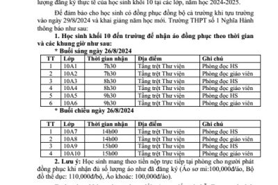 THÔNG BÁO VỀ VIỆC NHẬN ÁO ĐỒNG PHỤC NĂM HỌC 2024-2025