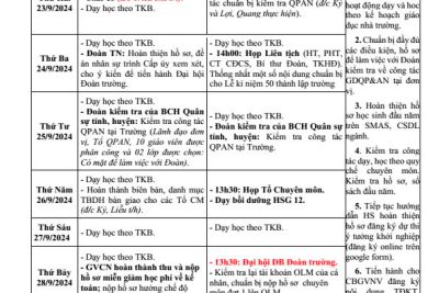 LỊCH CÔNG TÁC TUẦN 03 (Từ ngày 23/9 đến ngày 29/9/2024)