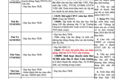 LỊCH CÔNG TÁC TUẦN 06 (Từ ngày 14/10/2024 đến ngày 20/10/2024)