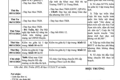 LỊCH CÔNG TÁC TUẦN 09 (Từ ngày 04/11/2024 đến ngày 10/11/2024)