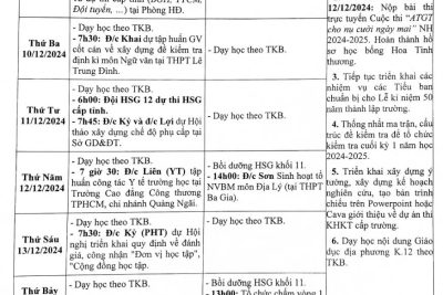 lịch công tác tuần 14 (từ ngày 09/12/2024 đến ngày 15/12/2024)